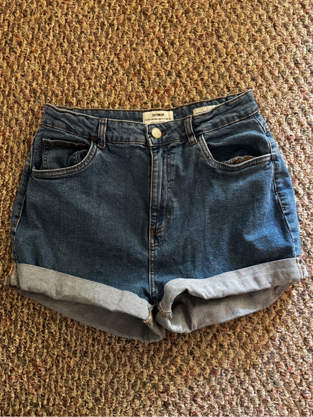 High-Rise Blue Denim Shorts with Cuffed Hem